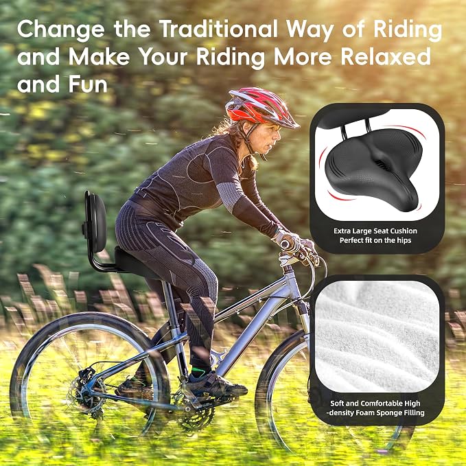 ELV Oversized Bike Seat with Adjustable Backrest, Extra Wide Memory Foam Saddle for Peloton, Exercise Bike, E-Bike & Cruiser
