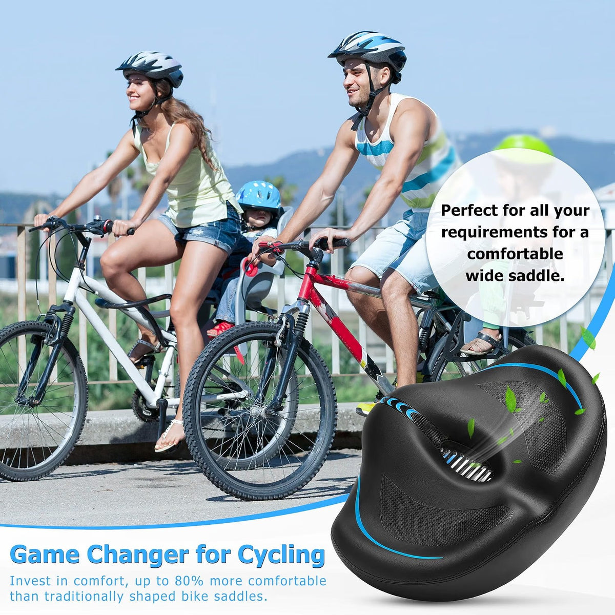 ELV Noseless Oversized Bike Seat, Extra Wide Comfort Saddle with Backrest, Thick Padded Cushion for E-Bike, Cruiser, City & Exercise Bikes