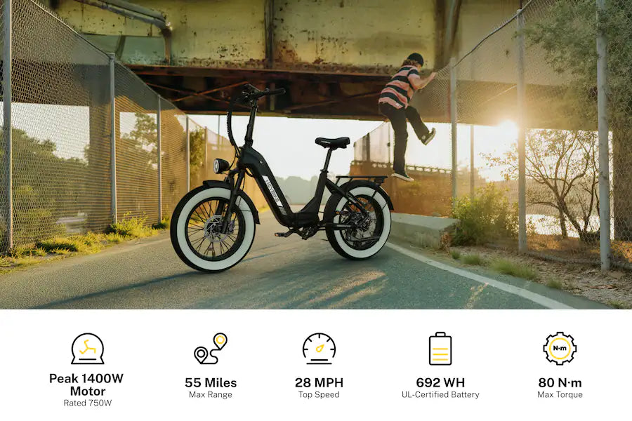 Heybike Ranger S 2.0 Foldable Step-Thru Fat-Tire 750W Ebike, 55 Miles Max Range, 28MPH - UL Certified - Black