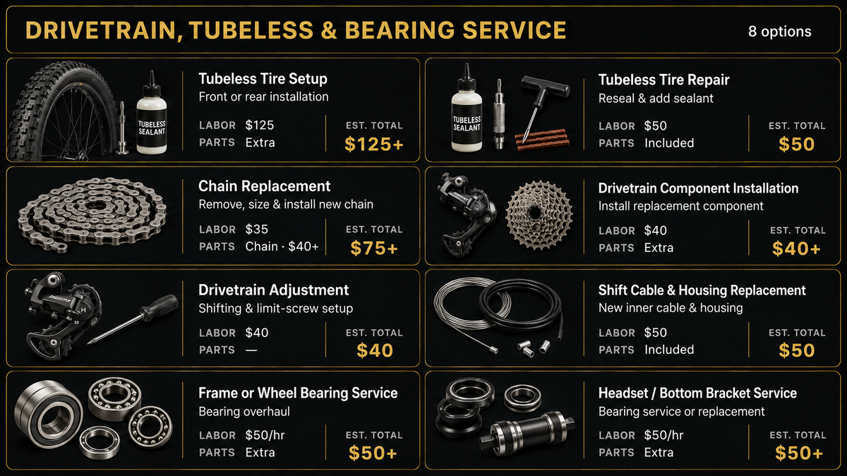 DRIVETRAIN, TUBELESS & BEARING SERVICE