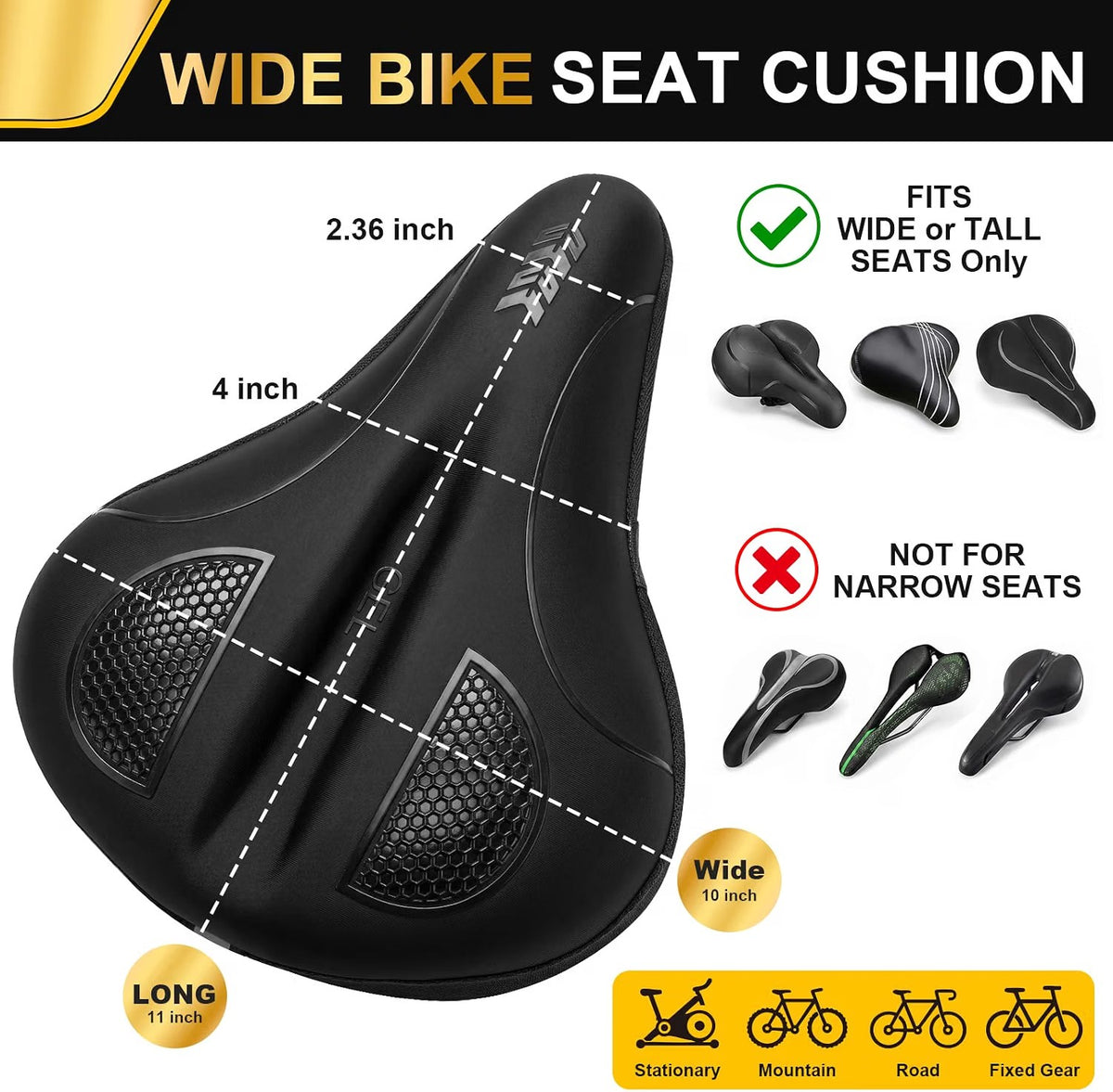 ELV Gel Bike Seat Cushion Cover, Extra Wide Memory Foam Padded Saddle Cover with Non-Slip Straps for Peloton, Exercise Bike & E-Bike