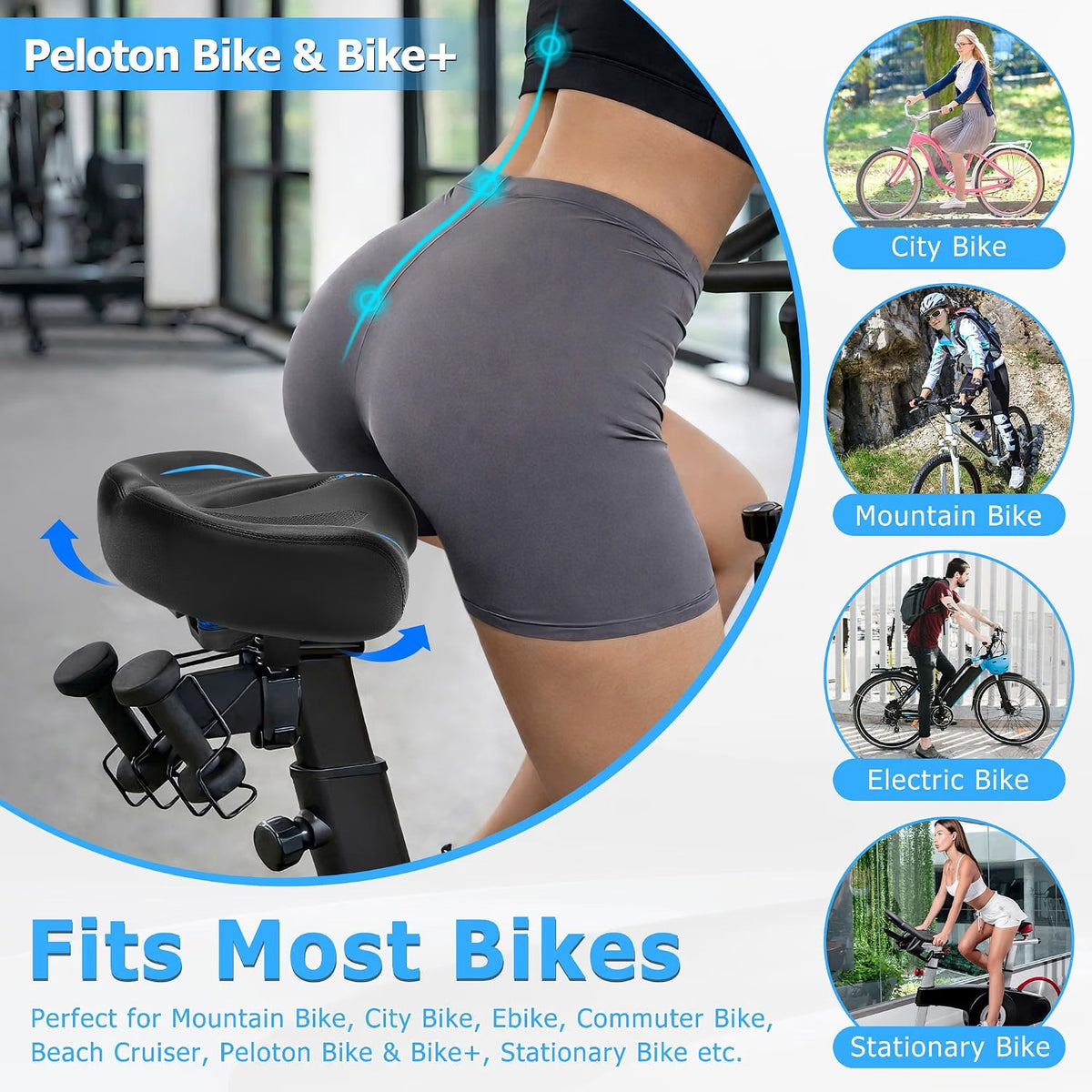 ELV Noseless Oversized Bike Seat, Extra Wide Comfort Saddle with Backrest, Thick Padded Cushion for E-Bike, Cruiser, City & Exercise Bikes