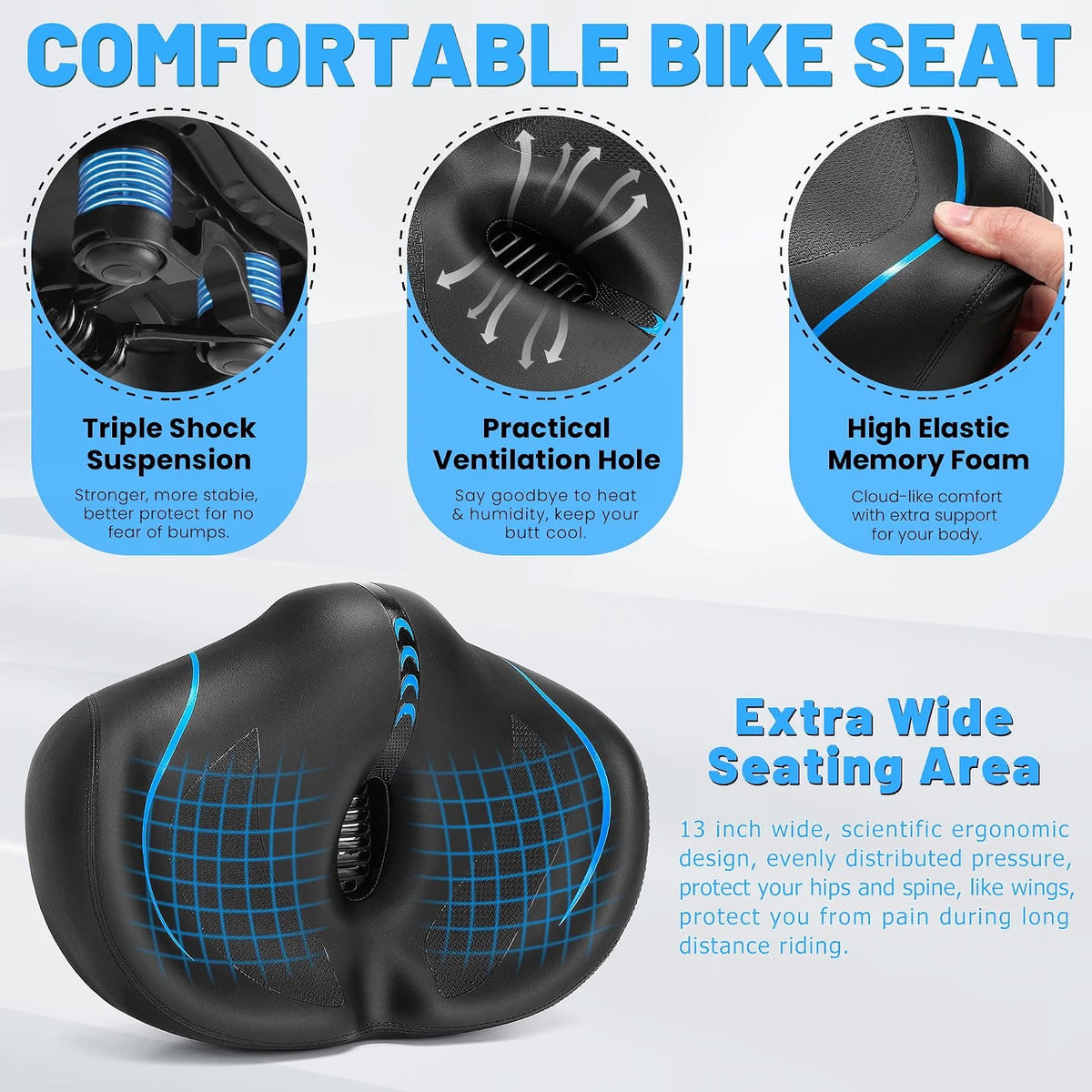 ELV Noseless Oversized Bike Seat, Extra Wide Comfort Saddle with Backrest, Thick Padded Cushion for E-Bike, Cruiser, City & Exercise Bikes