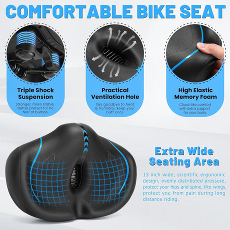 ELV Noseless Oversized Bike Seat, Extra Wide Comfort Saddle with Backrest, Thick Padded Cushion for E-Bike, Cruiser, City & Exercise Bikes