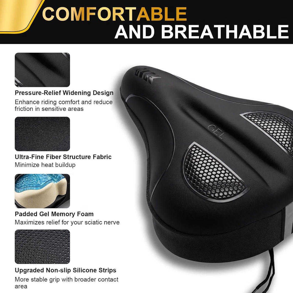 ELV Gel Bike Seat Cushion Cover, Extra Wide Memory Foam Padded Saddle Cover with Non-Slip Straps for Peloton, Exercise Bike & E-Bike