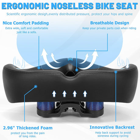 ELV Noseless Oversized Bike Seat, Extra Wide Comfort Saddle with Backrest, Thick Padded Cushion for E-Bike, Cruiser, City & Exercise Bikes
