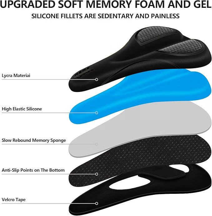 ELV Gel Bike Seat Cushion Cover, Narrow Memory Foam Padded Saddle Cover with Non-Slip Velcro Straps for Peloton, Exercise, Road, Mountain & E-Bikes