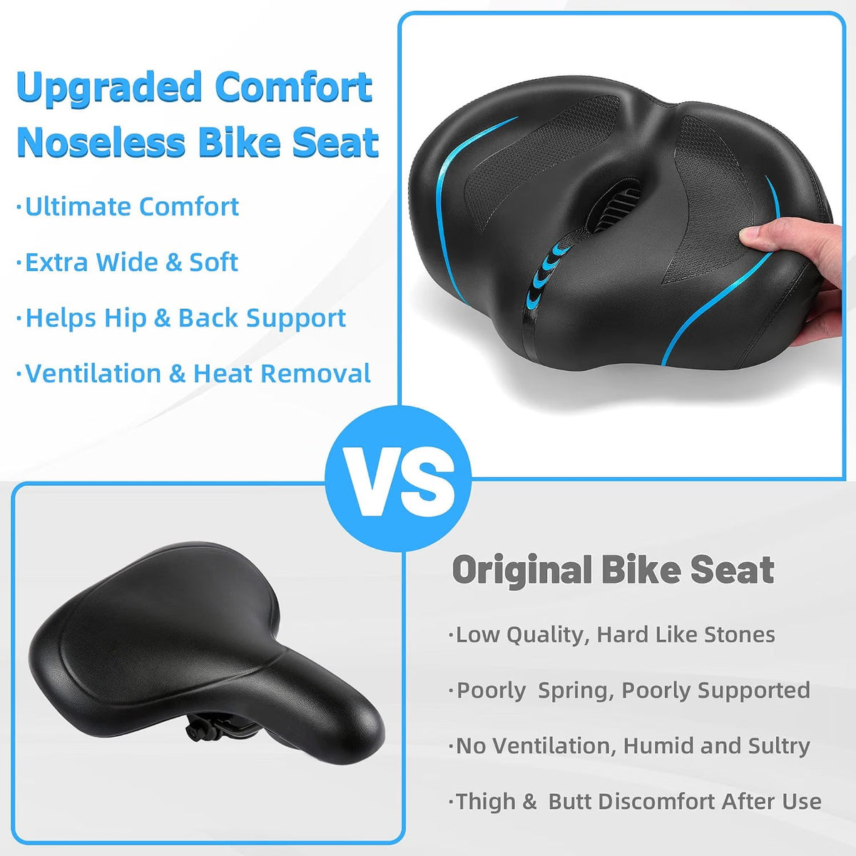 ELV Noseless Oversized Bike Seat, Extra Wide Comfort Saddle with Backrest, Thick Padded Cushion for E-Bike, Cruiser, City & Exercise Bikes