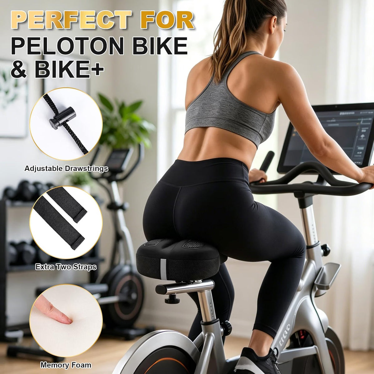 ELV Gel Bike Seat Cushion Cover, Extra Wide Memory Foam Padded Saddle Cover with Non-Slip Straps for Peloton, Exercise Bike & E-Bike