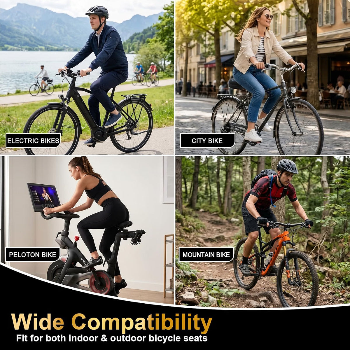 ELV Gel Bike Seat Cushion Cover, Extra Wide Memory Foam Padded Saddle Cover with Non-Slip Straps for Peloton, Exercise Bike & E-Bike