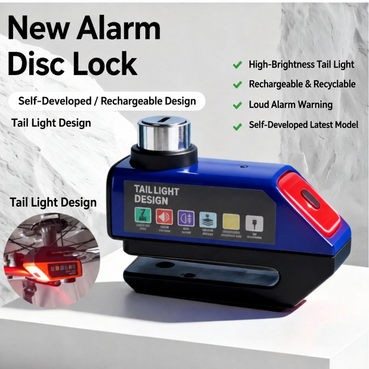 Upgraded Alarm Disc Brake Lock with Rechargeable Tail Light – Anti-Theft Lock for Motorcycles, E-Bikes & Bicycles