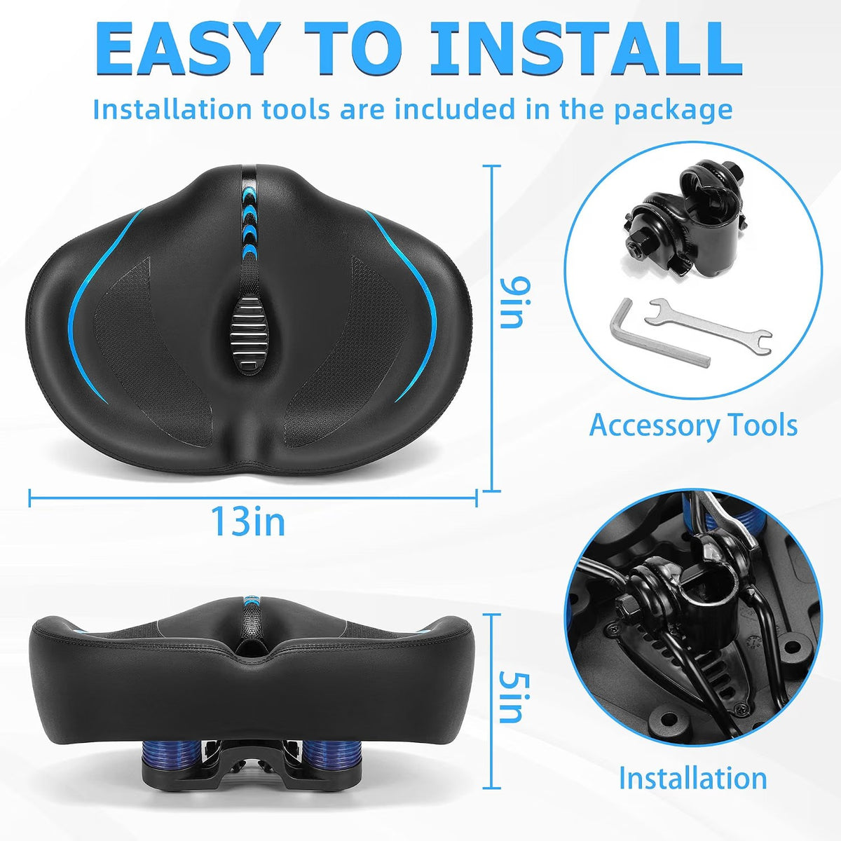 ELV Noseless Oversized Bike Seat, Extra Wide Comfort Saddle with Backrest, Thick Padded Cushion for E-Bike, Cruiser, City & Exercise Bikes